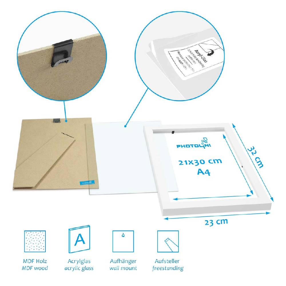 Photolini 6er Set Poster-Bilderrahmen 21x30 cm / DIN A4 Modern Weiß MDF mit Passepartout (13x18) Sonderangebot