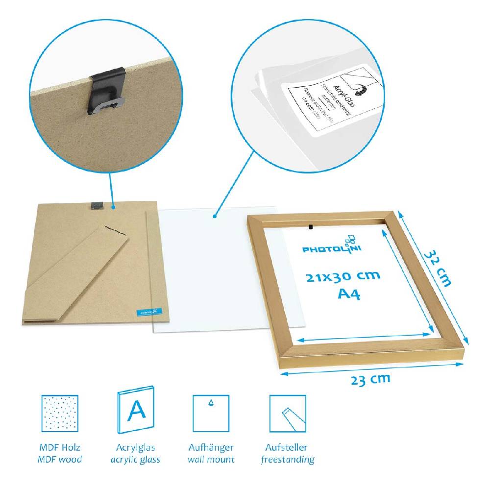 Photolini 4er Set Poster-Bilderrahmen Gold 21x30 cm / DIN A4 Modern aus MDF mit Acrylglas Versandkostenfrei