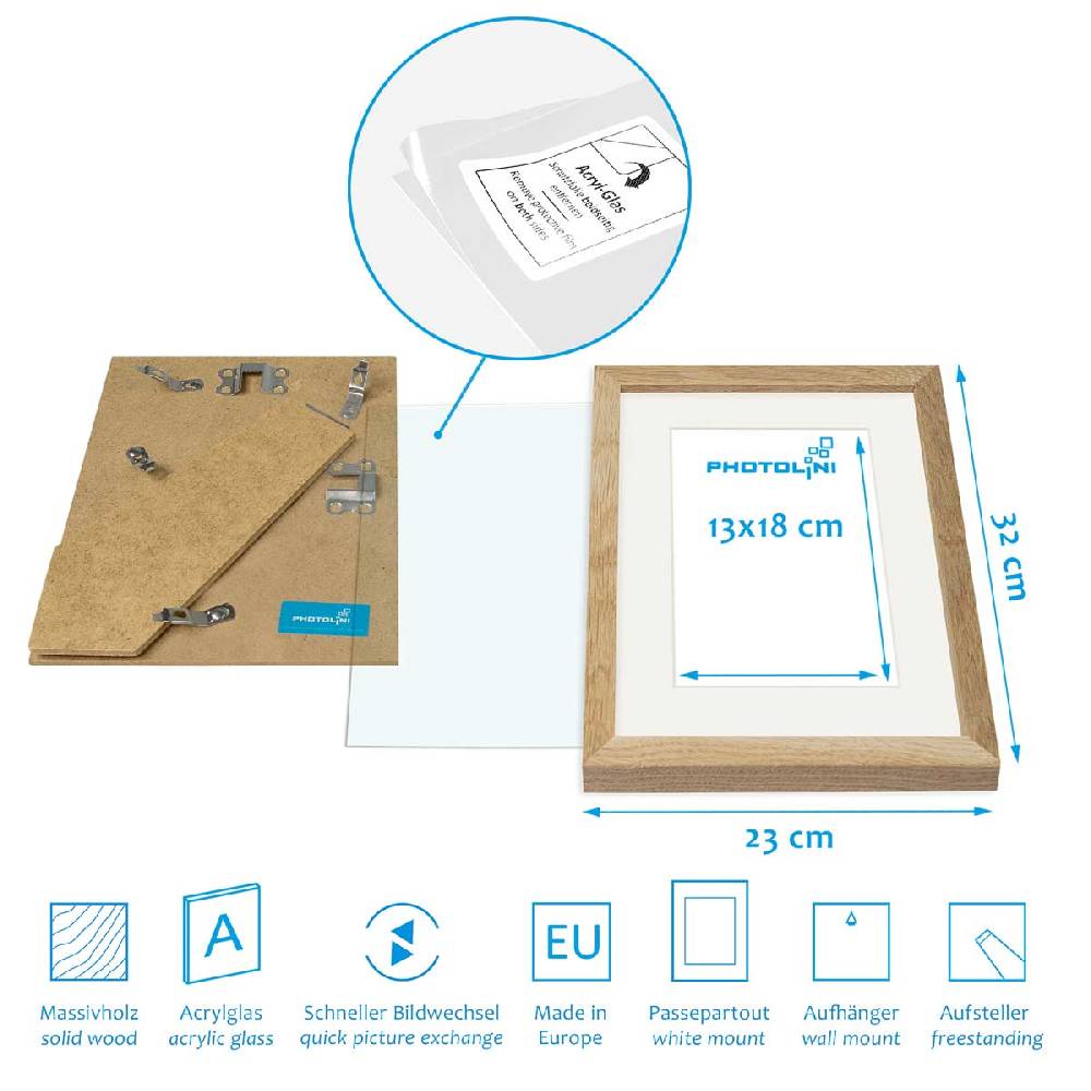 Photolini 6er Bilderrahmen-Set Eiche 21x30 cm/DIN A4 mit Passepartout Massivholz mit Acrylglasscheibe Flash Sale