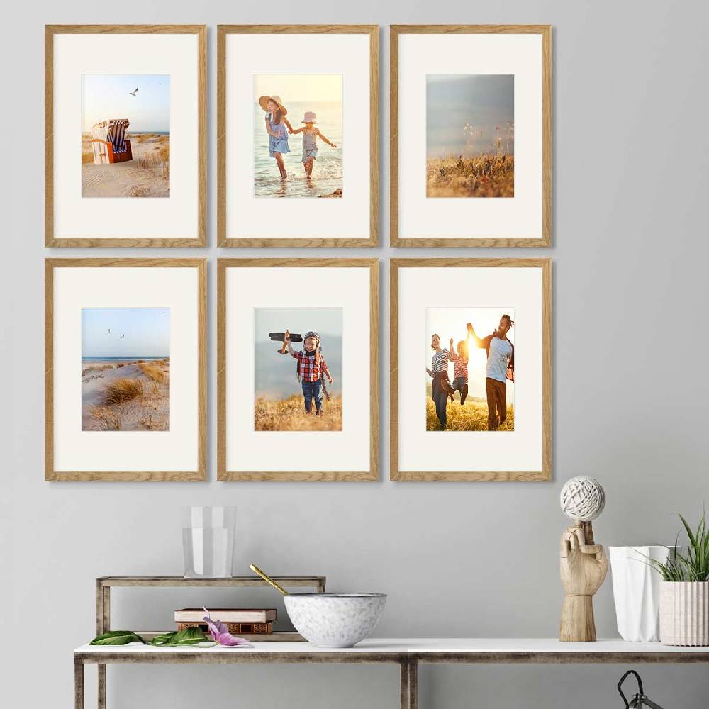 Photolini 6er Bilderrahmen-Set Eiche 21x30 cm/DIN A4 mit Passepartout Massivholz mit Acrylglasscheibe Flash Sale