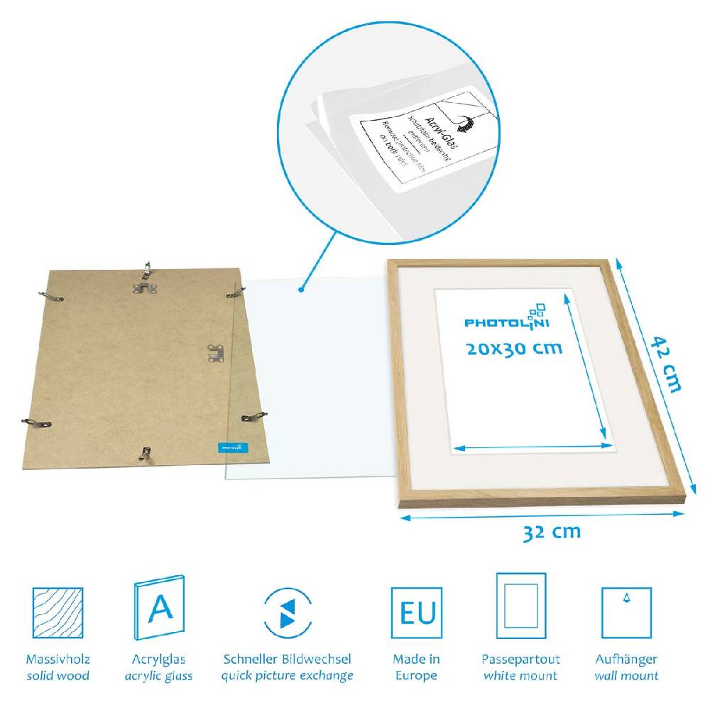 Photolini 6er Bilderrahmen-Set Eiche 30x40 cm mit Passepartout Massivholz mit Acrylglasscheibe Begrenztes Angebot