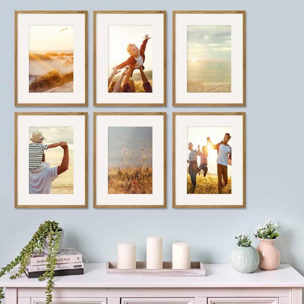 Photolini 6er Bilderrahmen-Set Eiche 30x40 cm mit Passepartout Massivholz mit Acrylglasscheibe Begrenztes Angebot