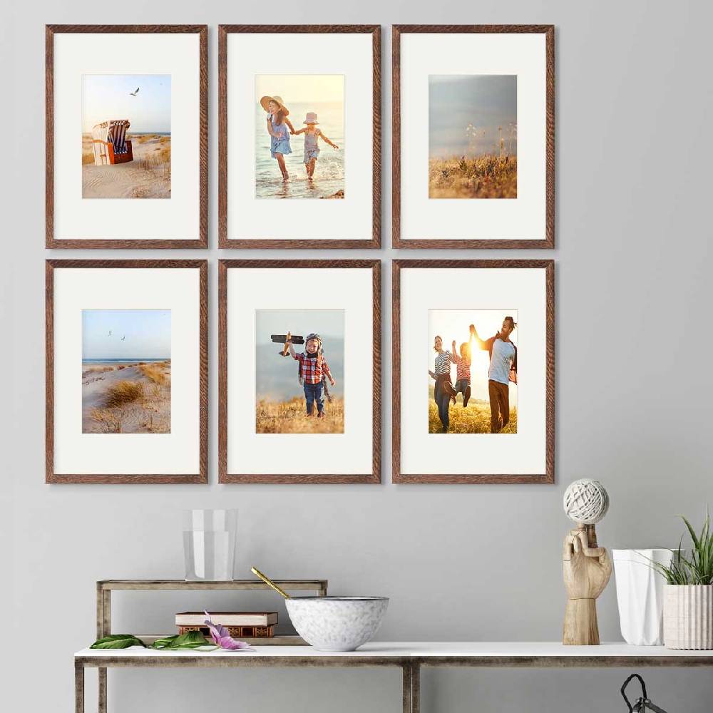 Photolini 6er Bilderrahmen-Set Eiche Dunkel 21x30 cm/ A4 mit Passepartout Massivholz mit Acrylglasscheibe Preisnachlass
