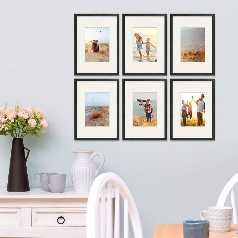 Photolini 6er Bilderrahmen-Set Schwarz 21x30 cm/DIN A4 mit Passepartout Massivholz mit Acrylglasscheibe Saisonschlussverkauf