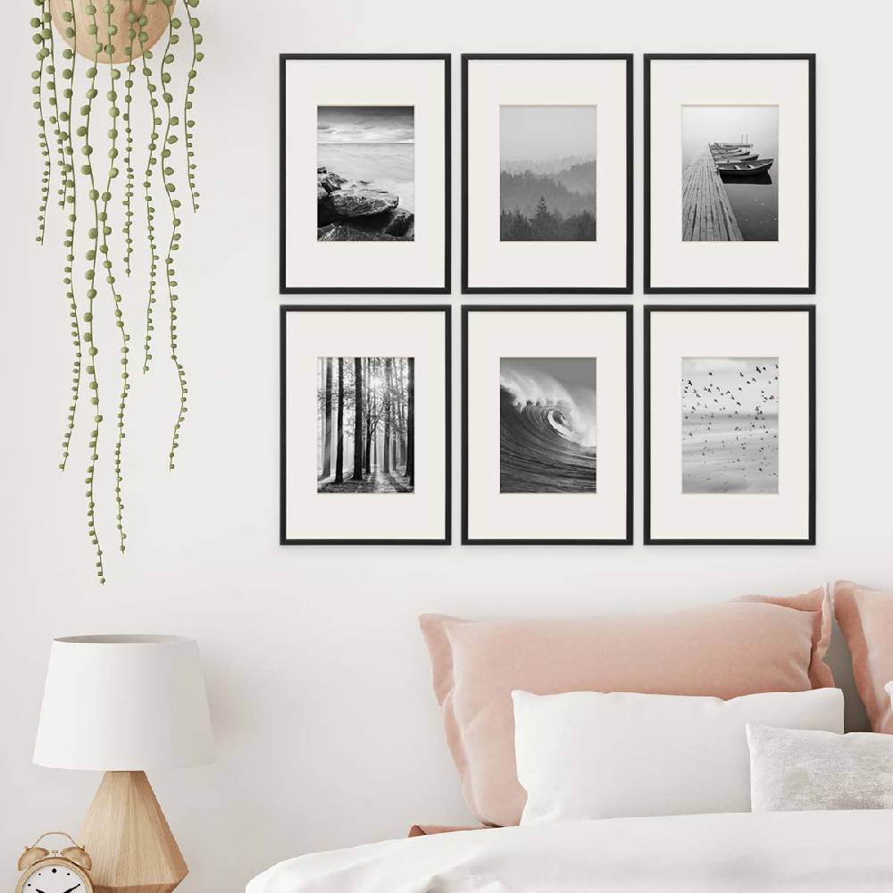 Photolini 6er Set Alu-Bilderrahmen 21x30 cm / DIN A4 Schwarz Modern mit Passepartout 13x18 cm Valentinstagsangebot