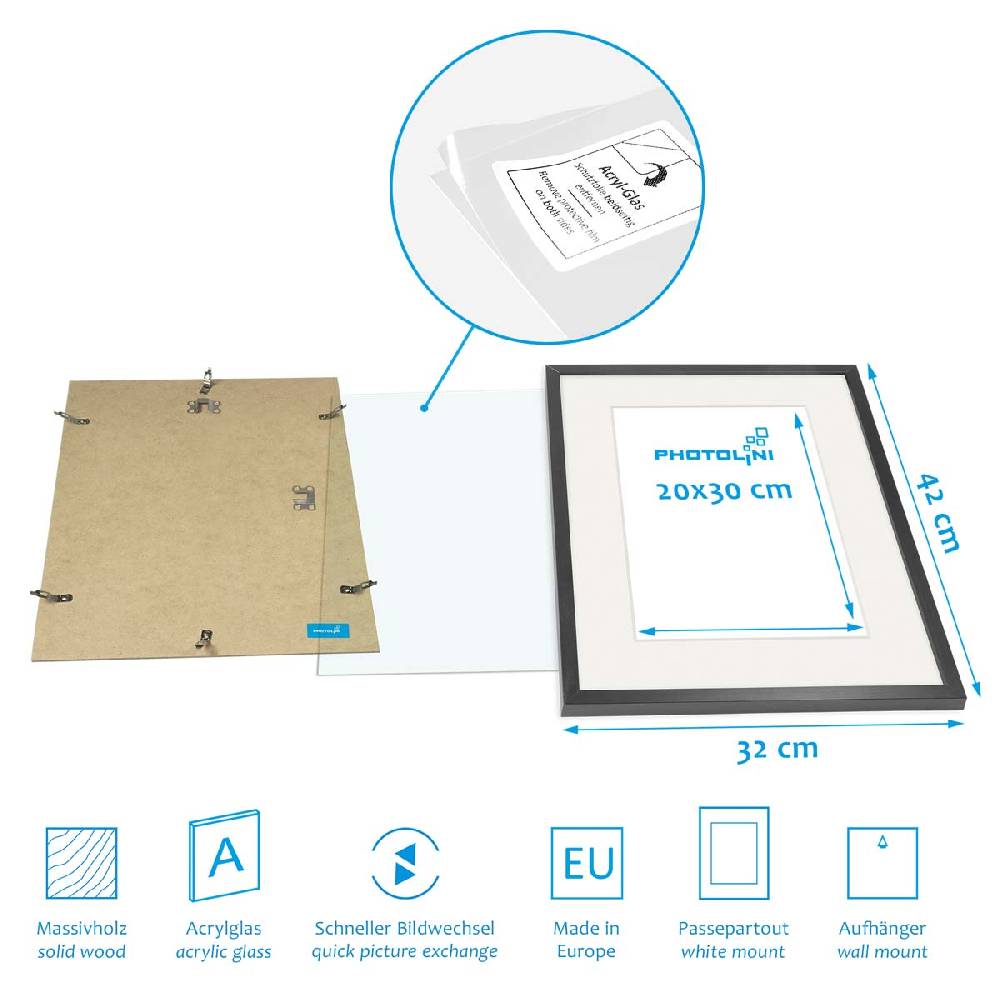 Photolini 6er Bilderrahmen-Set Schwarz aus Massivholz 21x30 cm/DIN A4 und 30x40 cm mit Passepartout mit Acrylglasscheibe Top Angebot