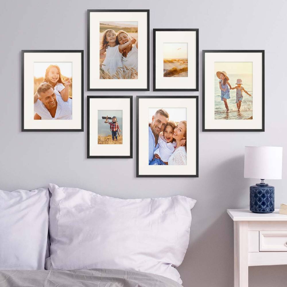 Photolini 6er Bilderrahmen-Set Schwarz aus Massivholz 21x30 cm/DIN A4 und 30x40 cm mit Passepartout mit Acrylglasscheibe Top Angebot