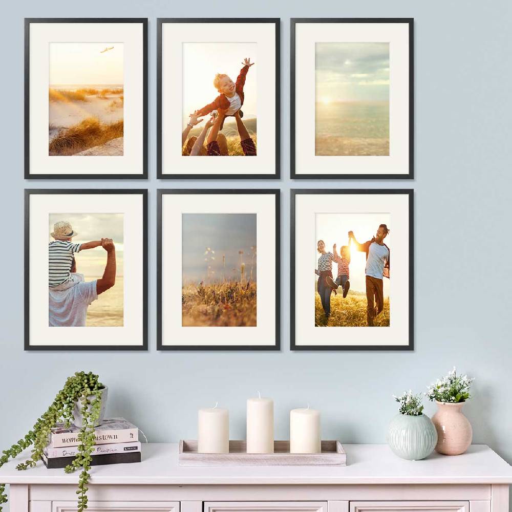 Photolini 6er Bilderrahmen-Set Schwarz 30x40 cm mit Passepartout Massivholz mit Acrylglasscheibe Neueste Mode