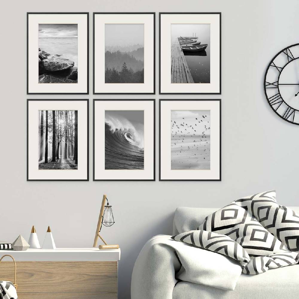 Photolini 6er Set Alu-Bilderrahmen 30x40 cm Schwarz Modern mit Passepartout 20x30 cm Exklusive Angebote