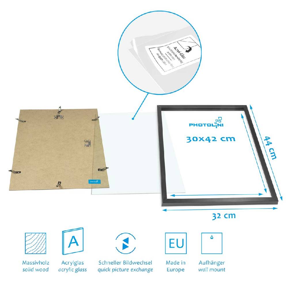 Photolini 6er Bilderrahmen-Set Schwarz aus Massivholz Schmal 2x 21x30 cm/DIN A4 und 4x 30x42 cm/DIN A3 mit Acrylglasscheibe Neuheiten