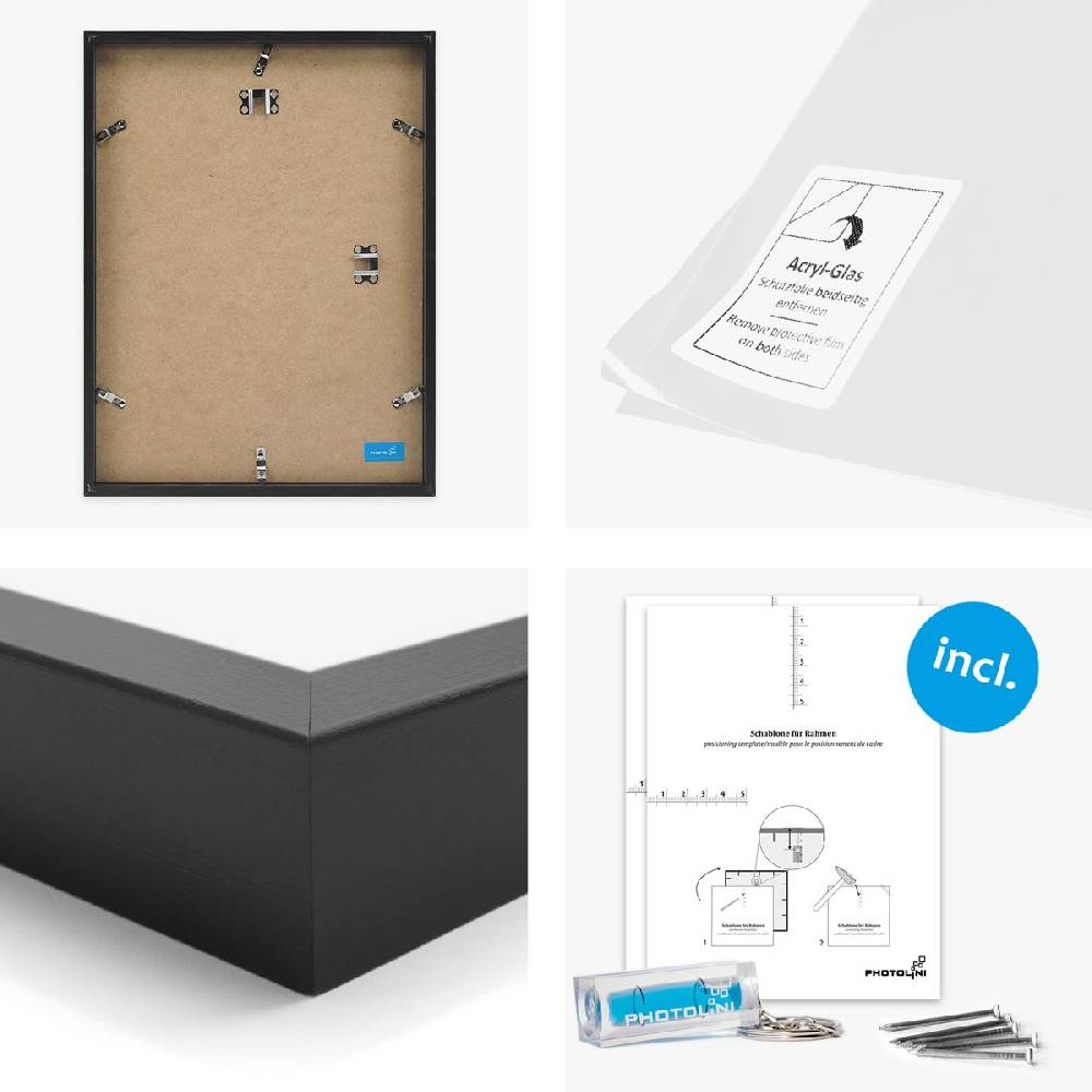 Photolini 6er Bilderrahmen-Set Schwarz aus Massivholz Schmal 2x 21x30 cm/DIN A4 und 4x 30x42 cm/DIN A3 mit Acrylglasscheibe Neuheiten