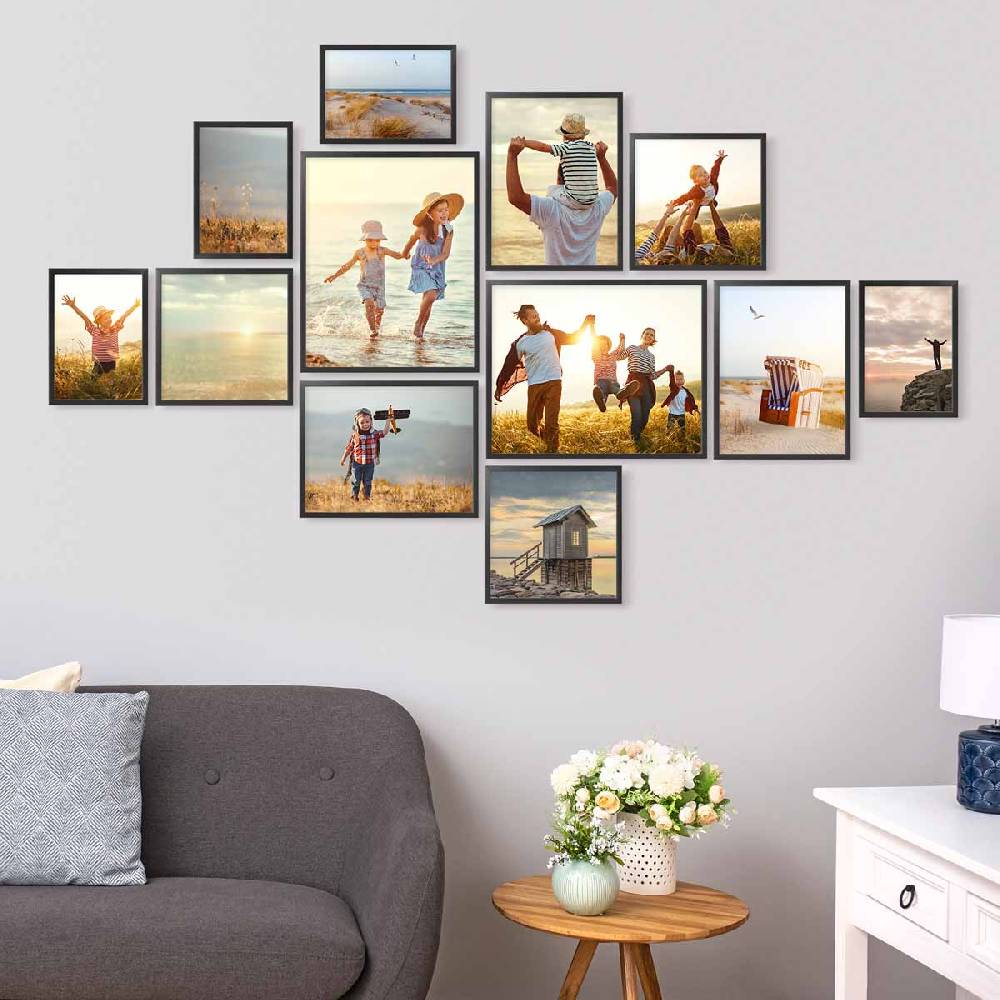 Photolini 12er Bilderrahmen-Set Schwarz Massivholz Schmal 21x30 bis 40x50 cm mit Acrylglasscheibe Bestseller