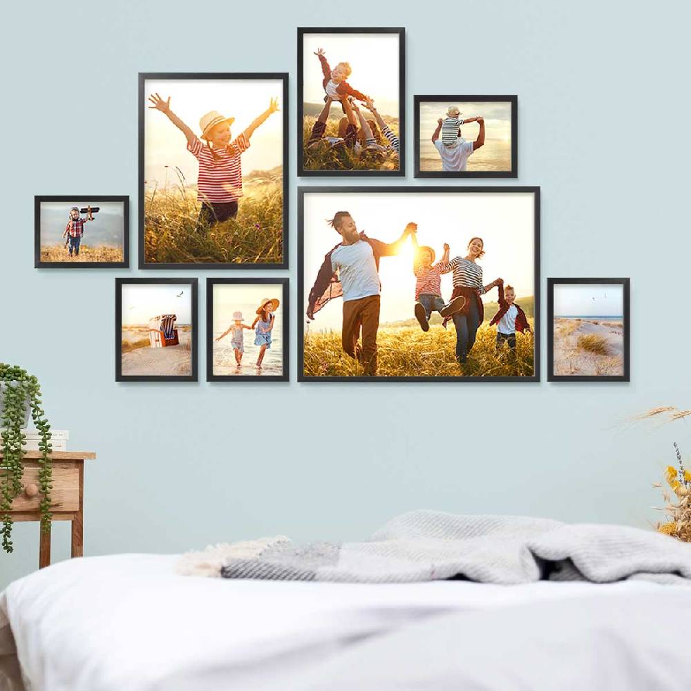 Photolini 8er Bilderrahmen-Set Schwarz Massivholz Schmal 13x18 bis 40x50 cm mit Acrylglasscheibe Kauf eins, bekomm eins gratis
