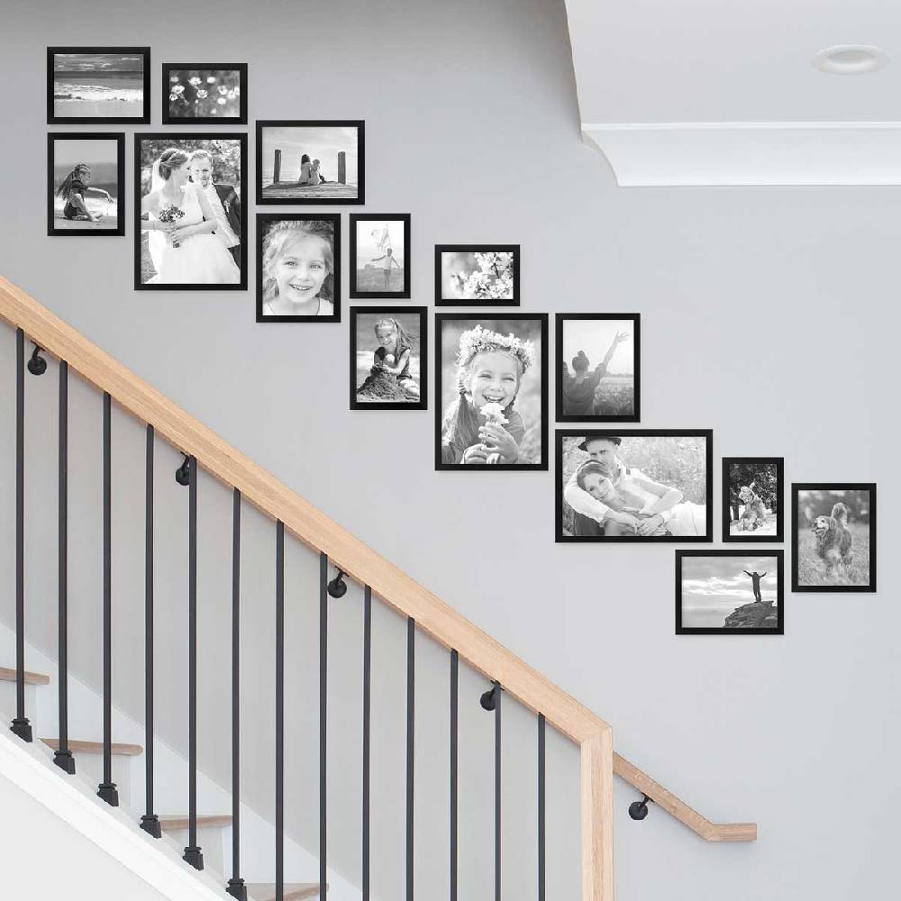 Photolini 15er Bilderwand Treppenhaus - Bilderrahmen-Set Modern Schwarz aus MDF Sonderangebote