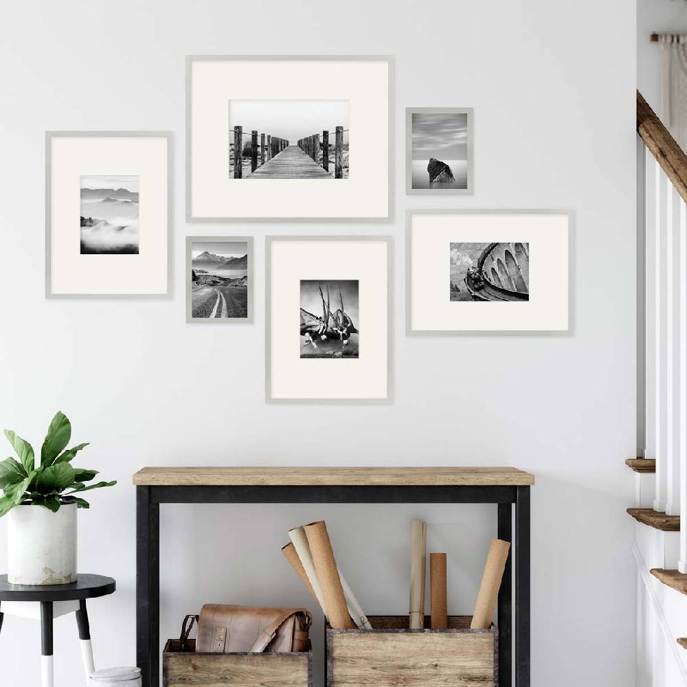 Photolini 6er Bilderrahmen-Set Modern Silber aus MDF 15x20 cm, 30x40 cm und 40x50 cm mit Passepartout Tiefpreis