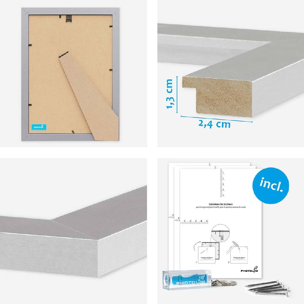 Photolini 8er Bilderrahmen-Set Silber breit modern MDF-Holz mit Acrylglas Nur für heute
