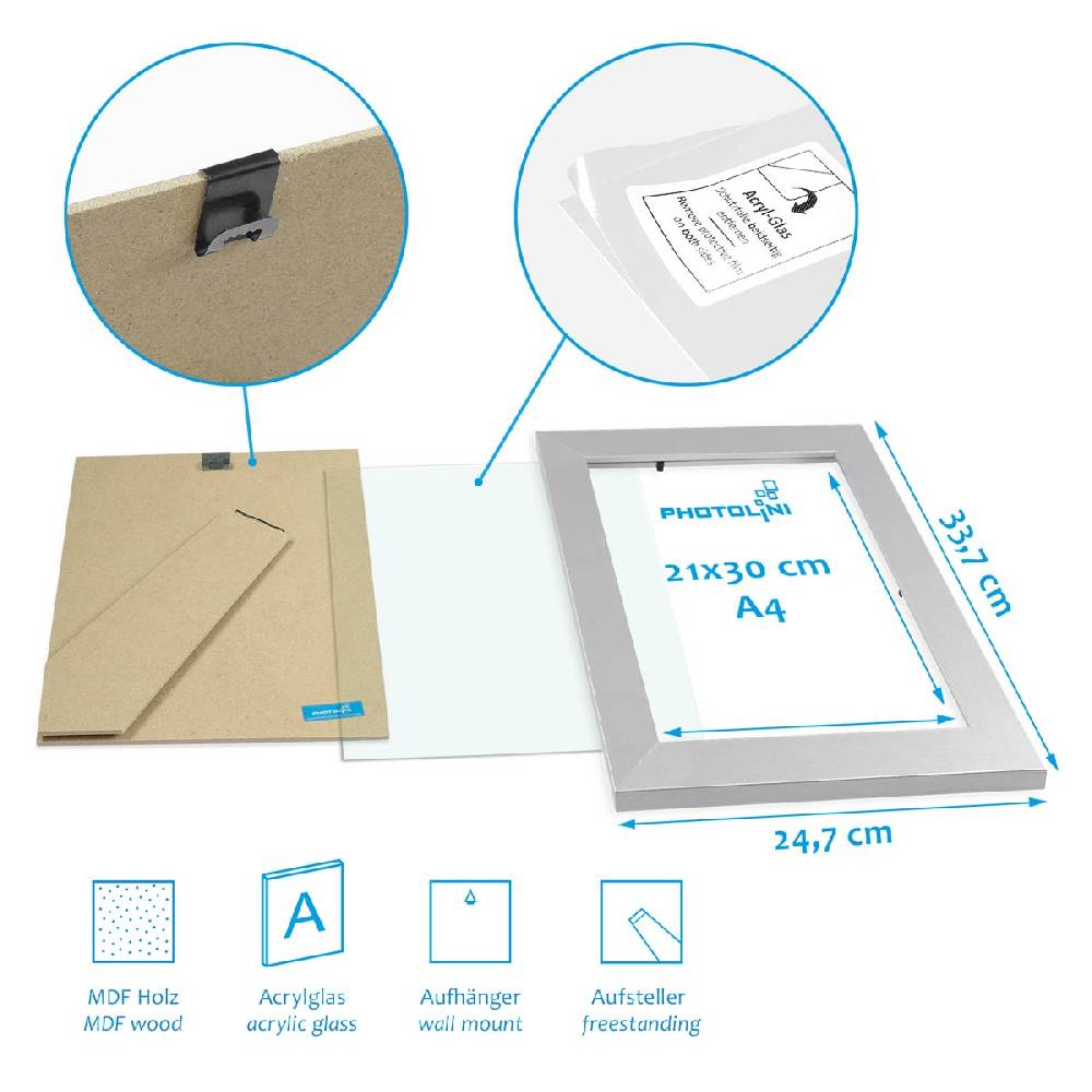 Photolini 8er Bilderrahmen-Set Silber breit modern MDF-Holz mit Acrylglas Nur für heute