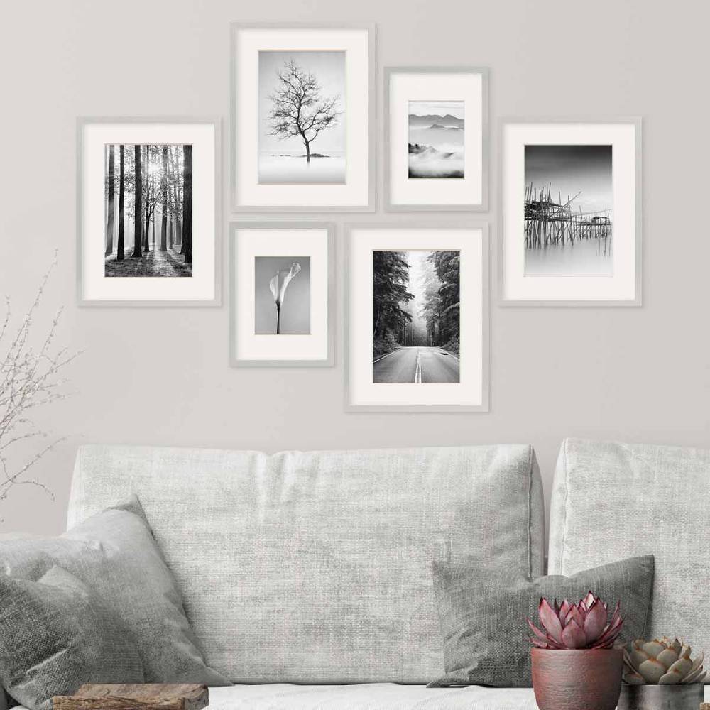 Photolini 6er Bilderrahmen-Set Modern Silber aus MDF 21x30 cm / DIN A4 und 30x40 cm mit Passepartout Vierteljährliche Förderung