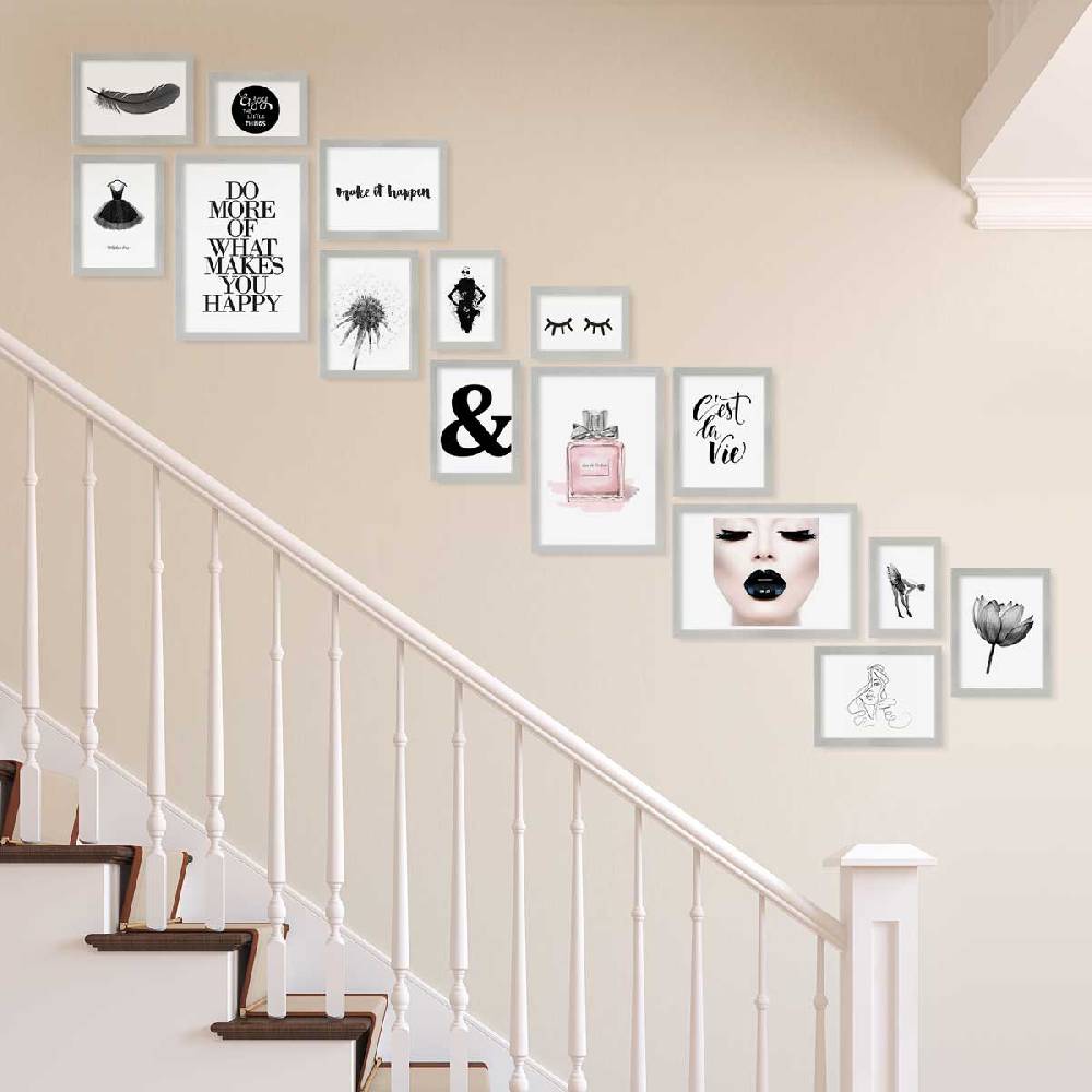 Photolini 15er Bilderwand Treppenhaus - Bilderrahmen-Set Modern Silber aus MDF Super Rabatt