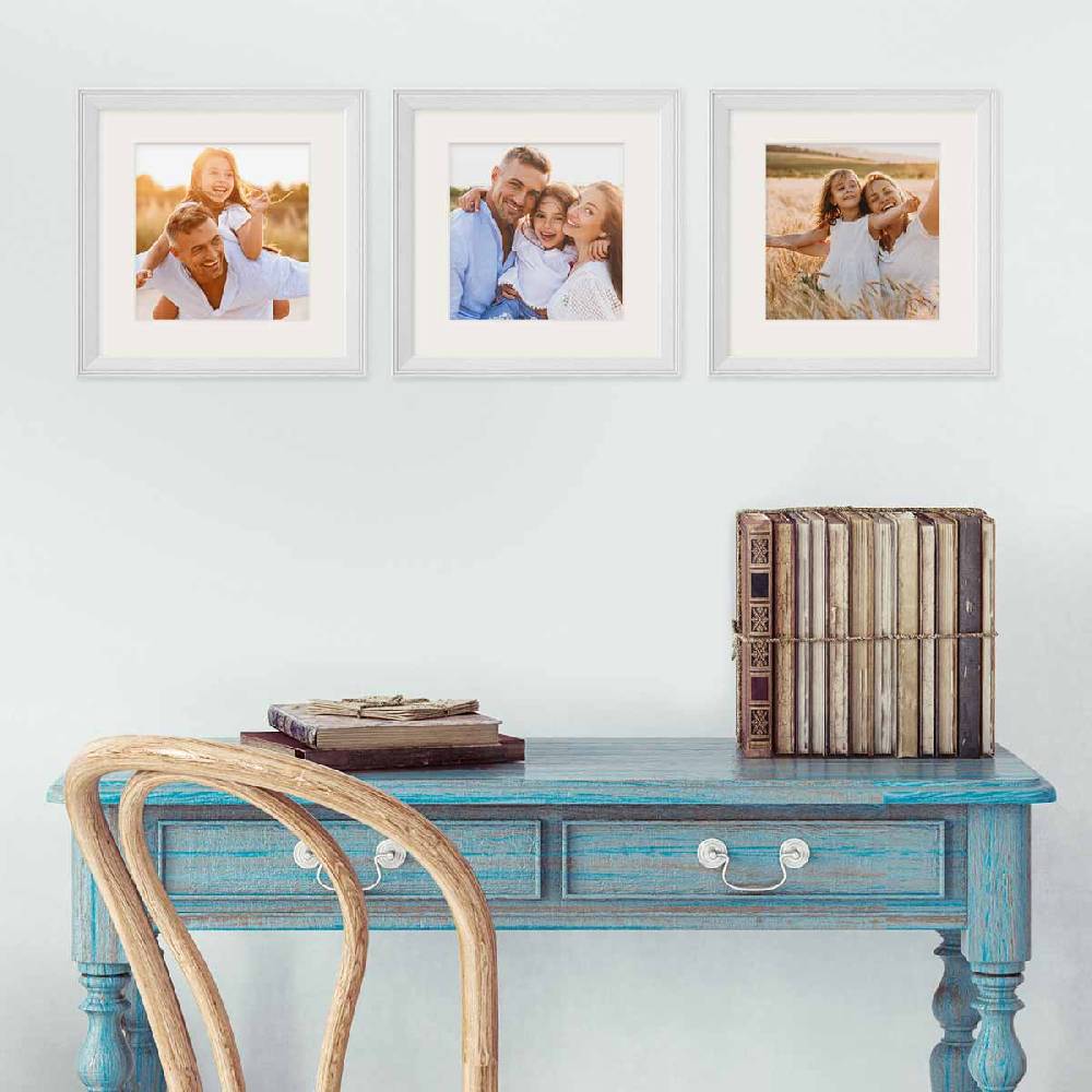 Photolini 3er Set Landhaus-Bilderrahmen Weiß Massivholz 20x20 cm mit Passepartout 50% Rabatt mit kostenlosem Versand