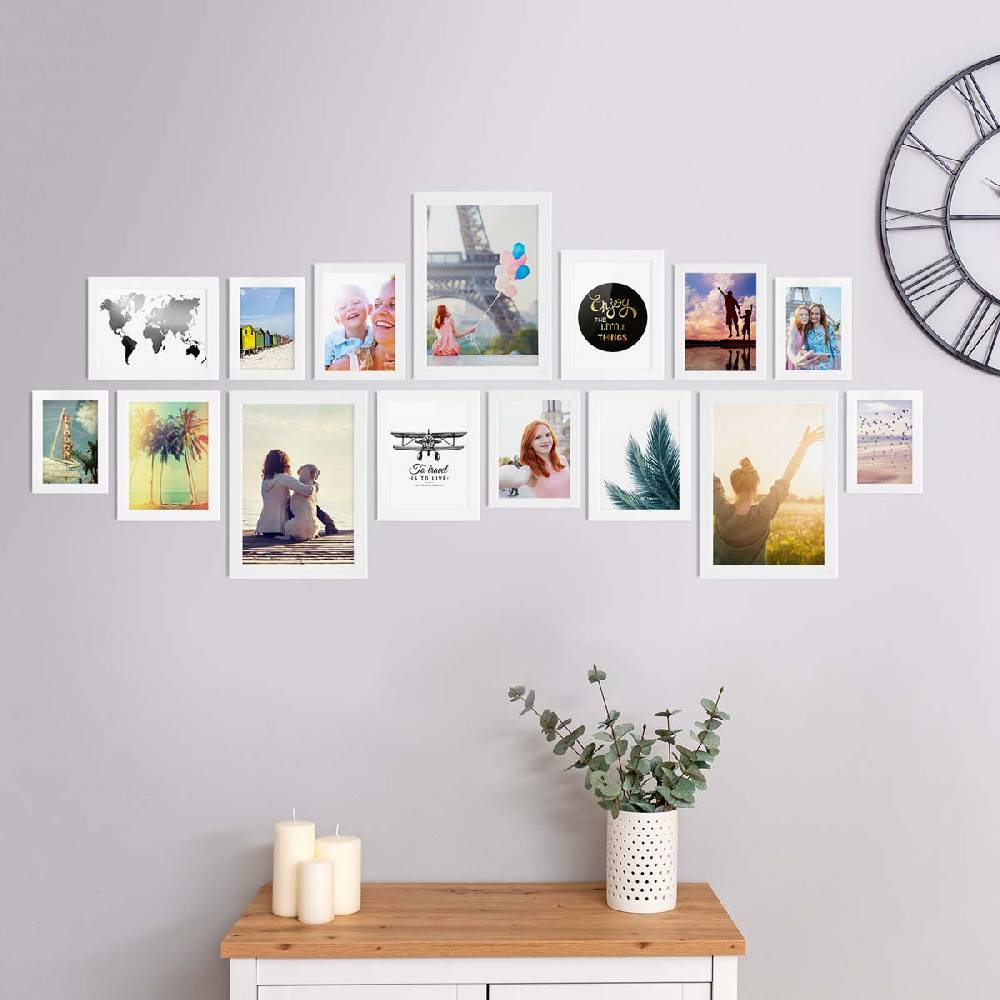 Photolini 15er Bilderrahmen-Set Weiß breit modern MDF-Holz mit Acrylglas Clearance-Verkauf