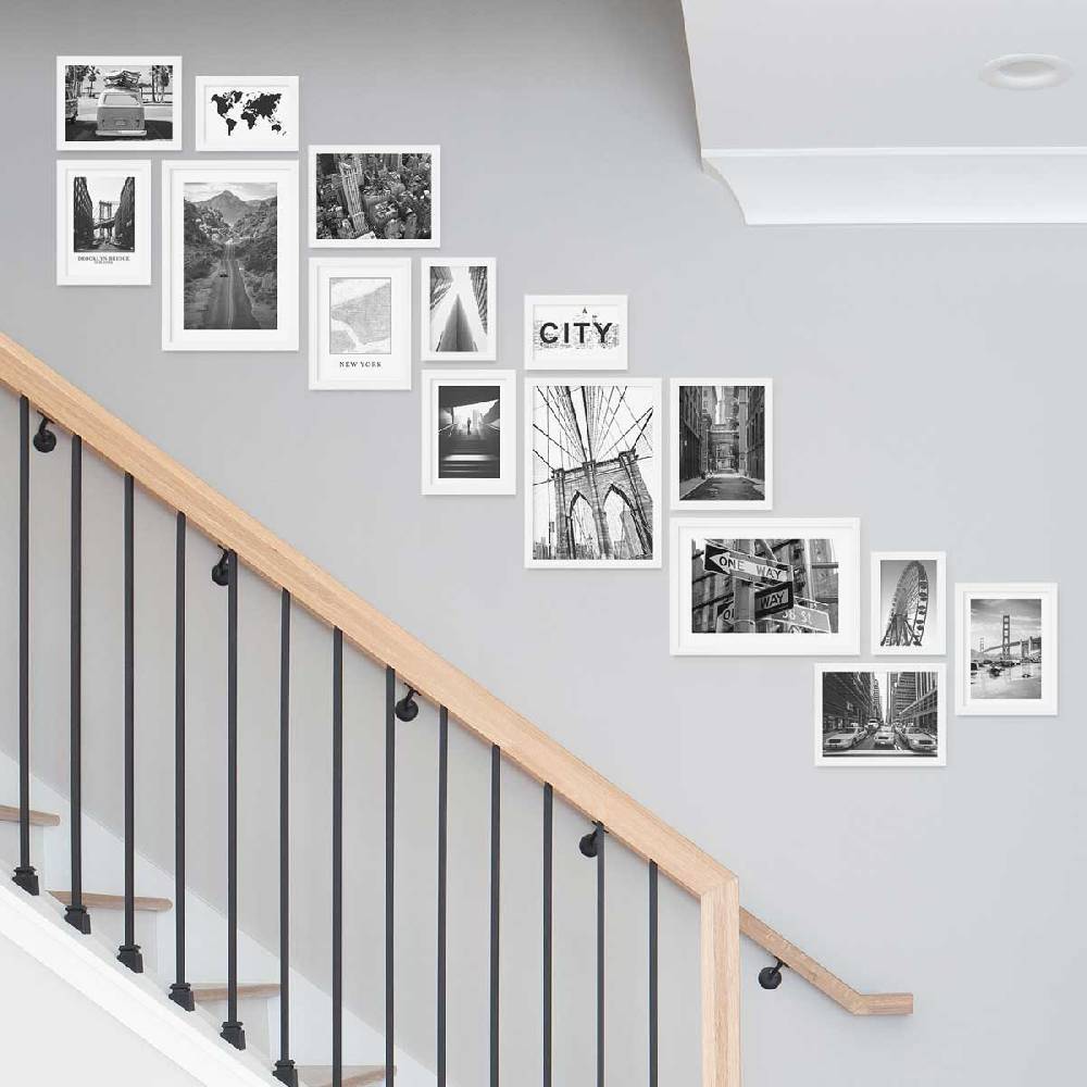 Photolini 15er Bilderwand Treppenhaus - Bilderrahmen-Set Modern Weiß aus MDF