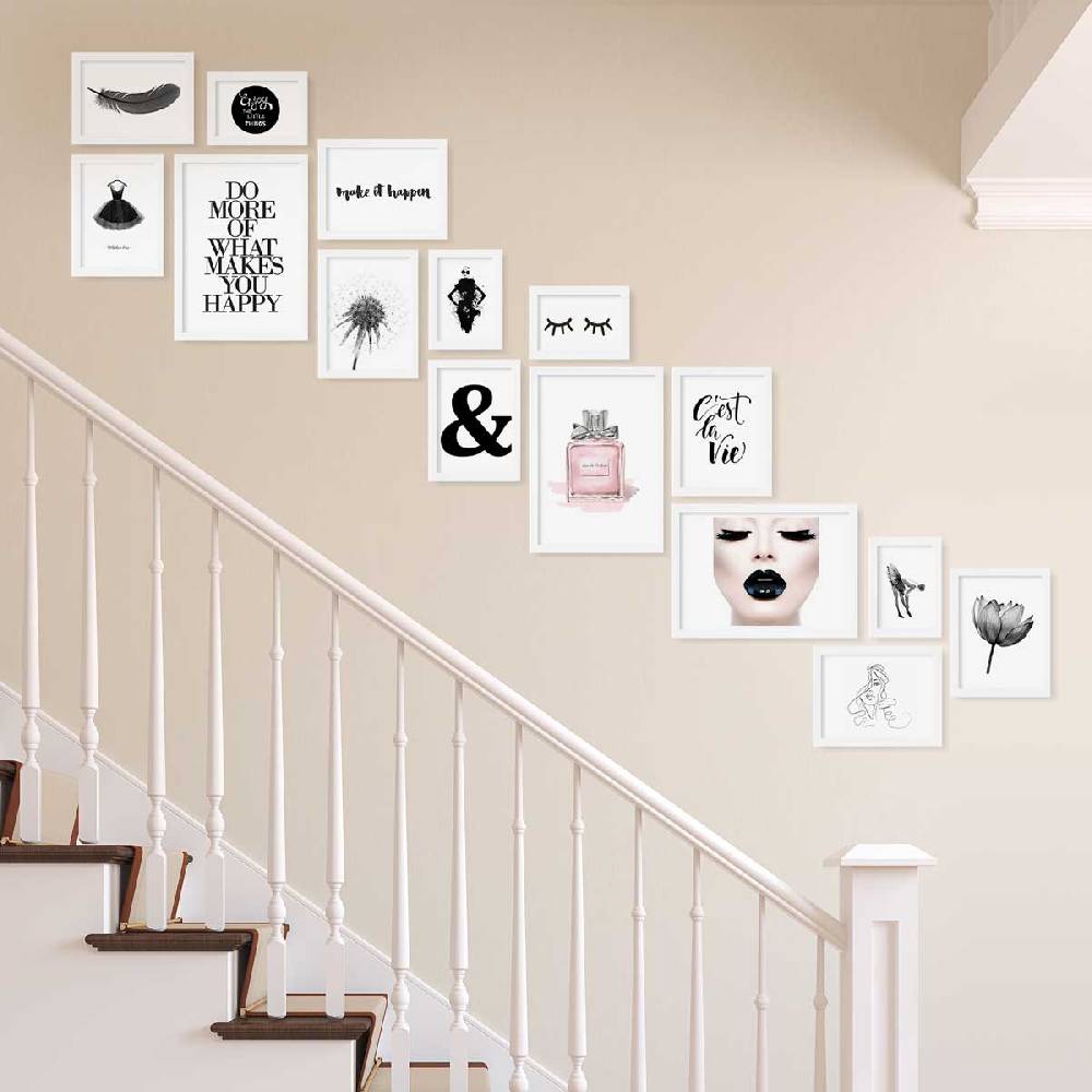 Photolini 15er Bilderwand Treppenhaus - Bilderrahmen-Set Modern Weiß aus MDF Fabrikladen
