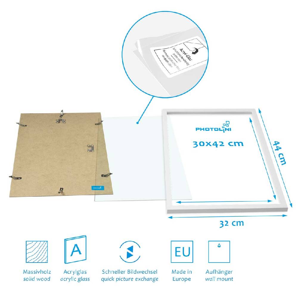 Photolini 6er Bilderrahmen-Set Weiß aus Massivholz Schmal 2x 21x30 cm/DIN A4 und 4x 30x42 cm/DIN A3 mit Acrylglasscheibe Im Verkauf
