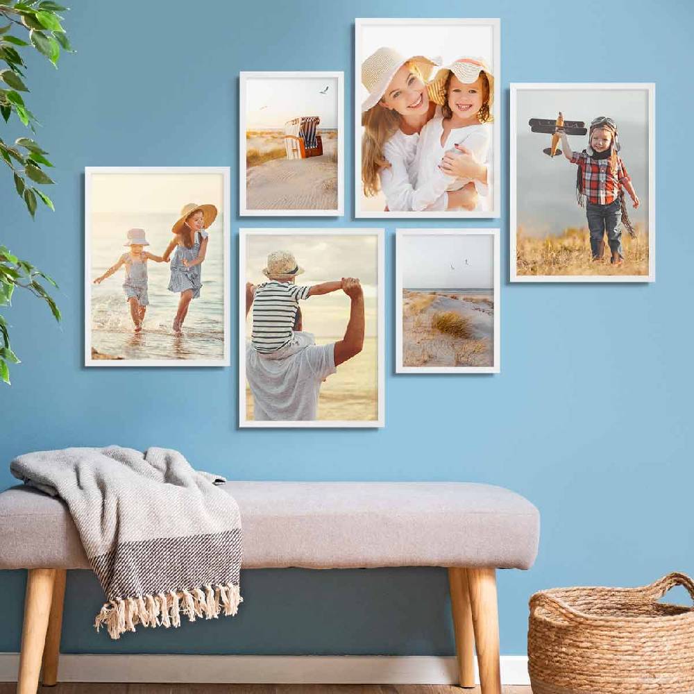 Photolini 6er Bilderrahmen-Set Weiß aus Massivholz Schmal 2x 21x30 cm/DIN A4 und 4x 30x42 cm/DIN A3 mit Acrylglasscheibe Im Verkauf