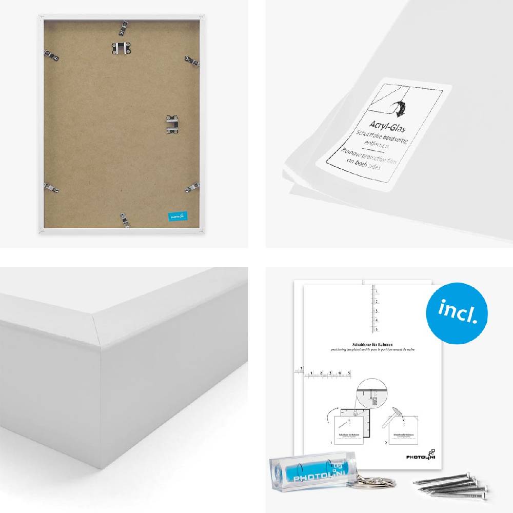 Photolini 6er Bilderrahmen-Set Weiß aus Massivholz Schmal 2x 21x30 cm/DIN A4 und 4x 30x42 cm/DIN A3 mit Acrylglasscheibe Im Verkauf