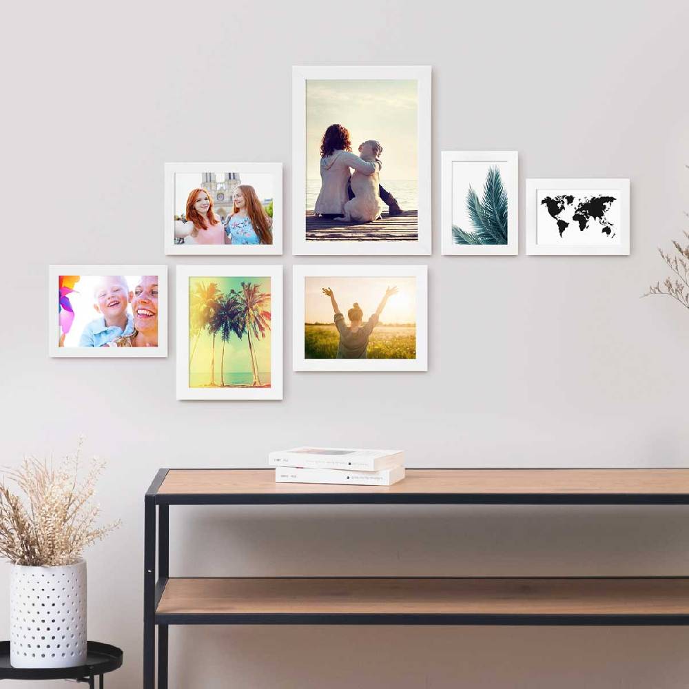 Photolini 7er Bilderrahmen-Set Weiß breit modern MDF-Holz mit Acrylglas Outlet
