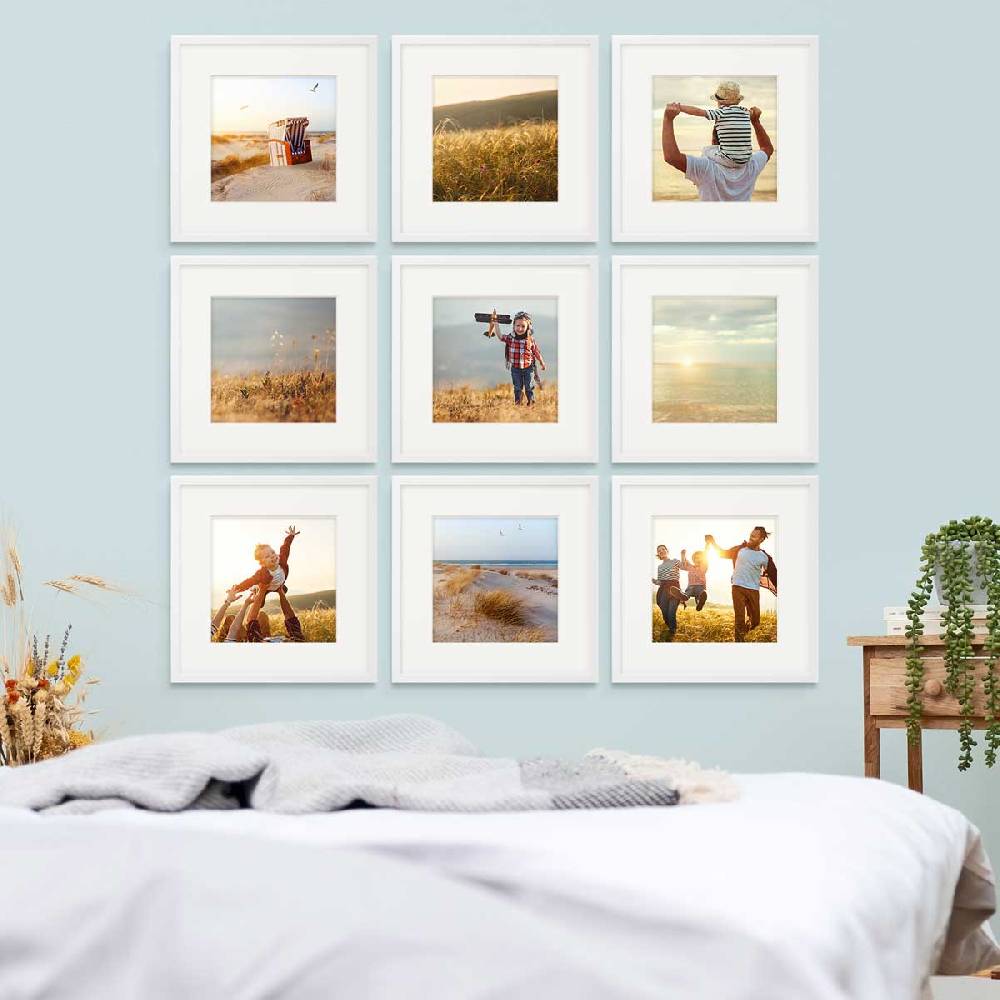 Photolini 9er Bilderrahmen-Set Weiß 30x30 cm mit Passepartout Massivholz mit Acrylglasscheibe Verkauf