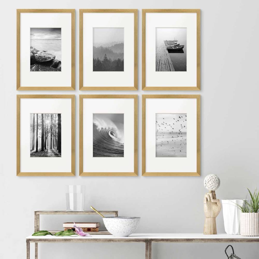 Photolini 6er Set Poster-Bilderrahmen 21x30 cm / DIN A4 Modern Gold MDF mit Passepartout Fabrikverkauf