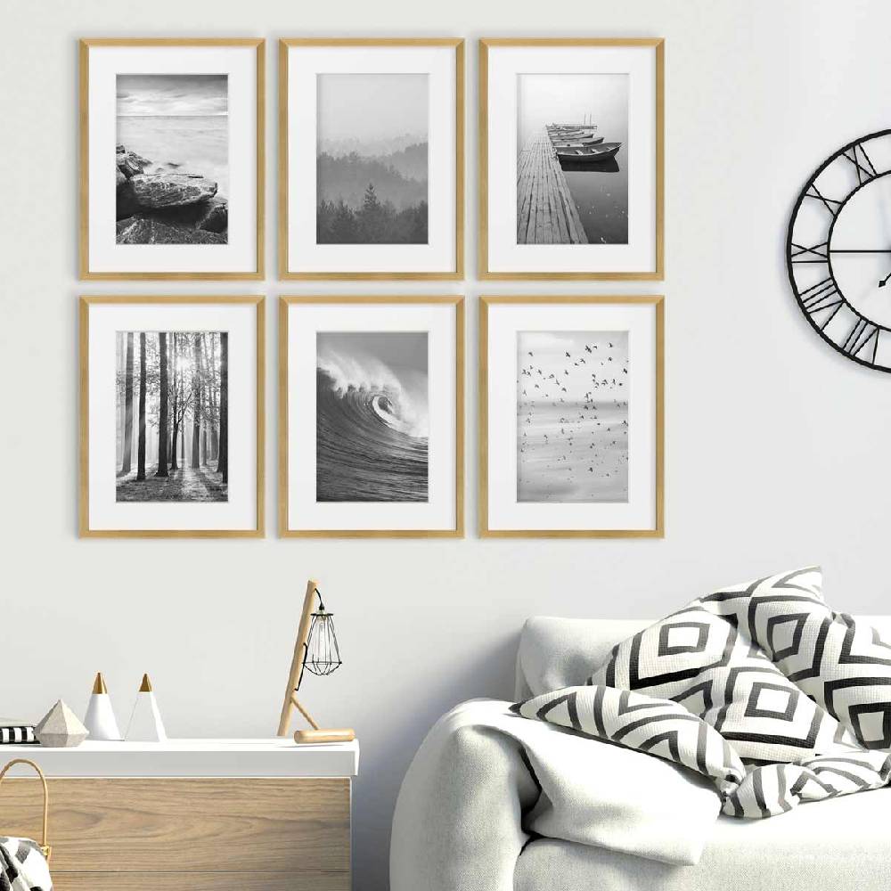 Photolini 6er Set Poster-Bilderrahmen 30x40 cm Modern Gold MDF mit Passepartout Kostenloser Versand