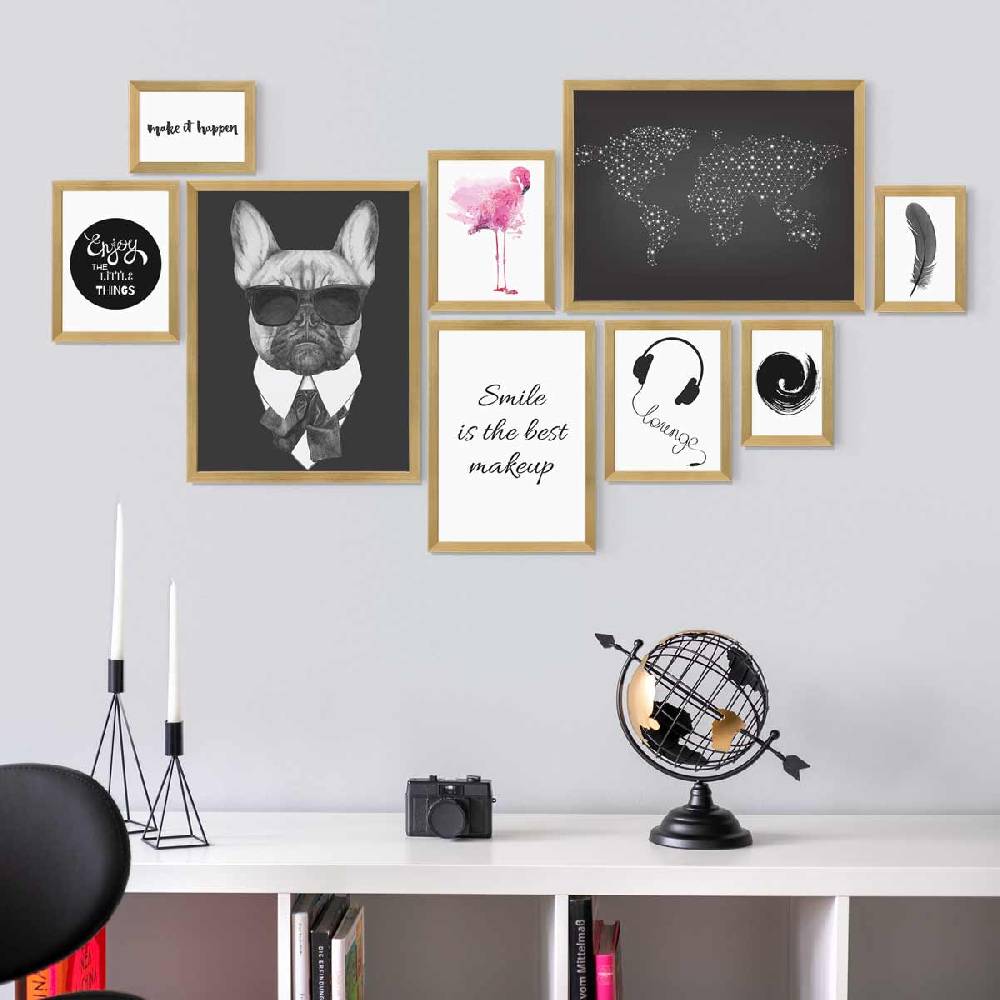 Photolini 9er Bilderrahmen-Set Modern Gold aus MDF Limitierter Zeitrabatt