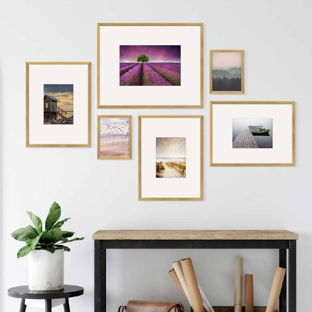 Photolini 6er Bilderrahmen-Set Modern Gold aus MDF 15x20 cm, 30x40 cm und 40x50 cm mit Passepartout Rabatt
