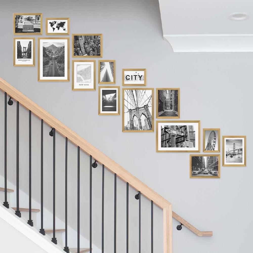 Photolini 15er Bilderwand Treppenhaus - Bilderrahmen-Set Modern Gold aus MDF Versandkostenfrei