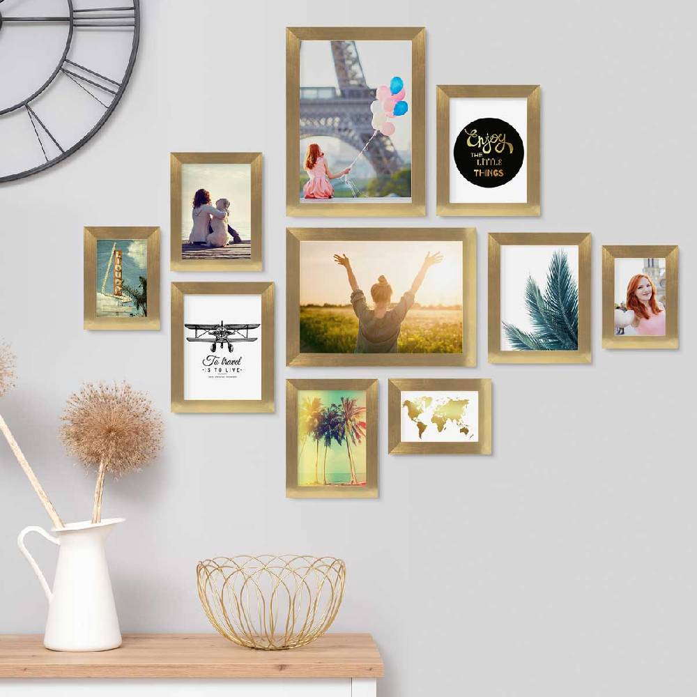 Photolini 10er Bilderrahmen-Set Gold breit modern MDF-Holz mit Acrylglas Großer Ausverkauf
