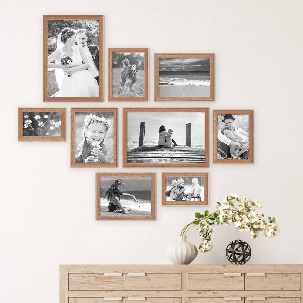 Photolini 9er Set Landhaus-Bilderrahmen Eiche-Optik Neueste Mode