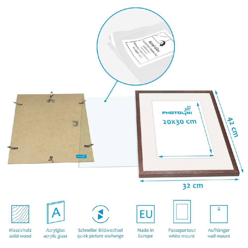 Photolini 6er Bilderrahmen-Set Eiche Dunkel aus Massivholz 21x30 cm/DIN A4 und 30x40 cm mit Passepartout mit Acrylglasscheibe Online Outlet