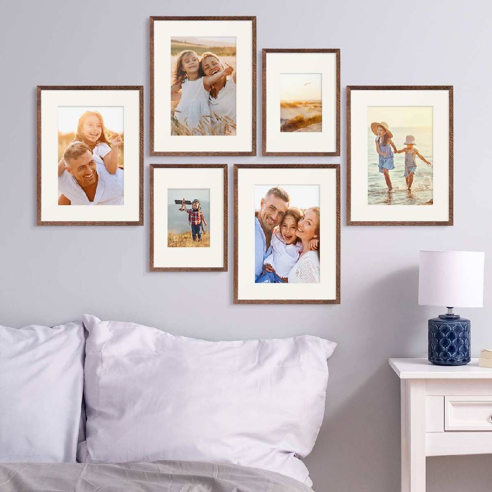 Photolini 6er Bilderrahmen-Set Eiche Dunkel aus Massivholz 21x30 cm/DIN A4 und 30x40 cm mit Passepartout mit Acrylglasscheibe Online Outlet