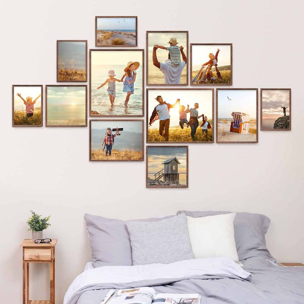 Photolini 12er Bilderrahmen-Set Eiche Dunkel Massivholz Schmal 21x30 bis 40x50 cm mit Acrylglasscheibe Blitzangebot