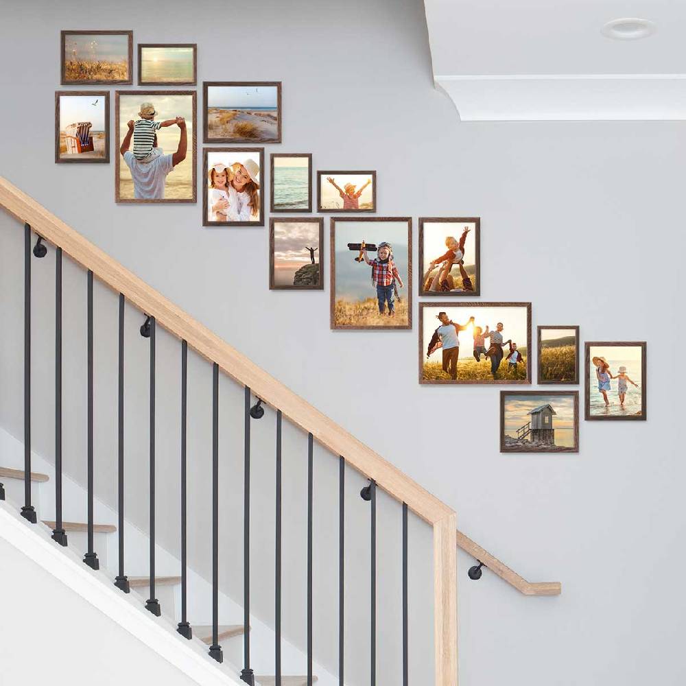 Photolini 15er Bilderrahmen-Set Eiche Dunkel aus Massivholz Schmal Treppenhaus 10x15 bis 21x30 cm mit Acrylglasscheibe Tägliche Deals