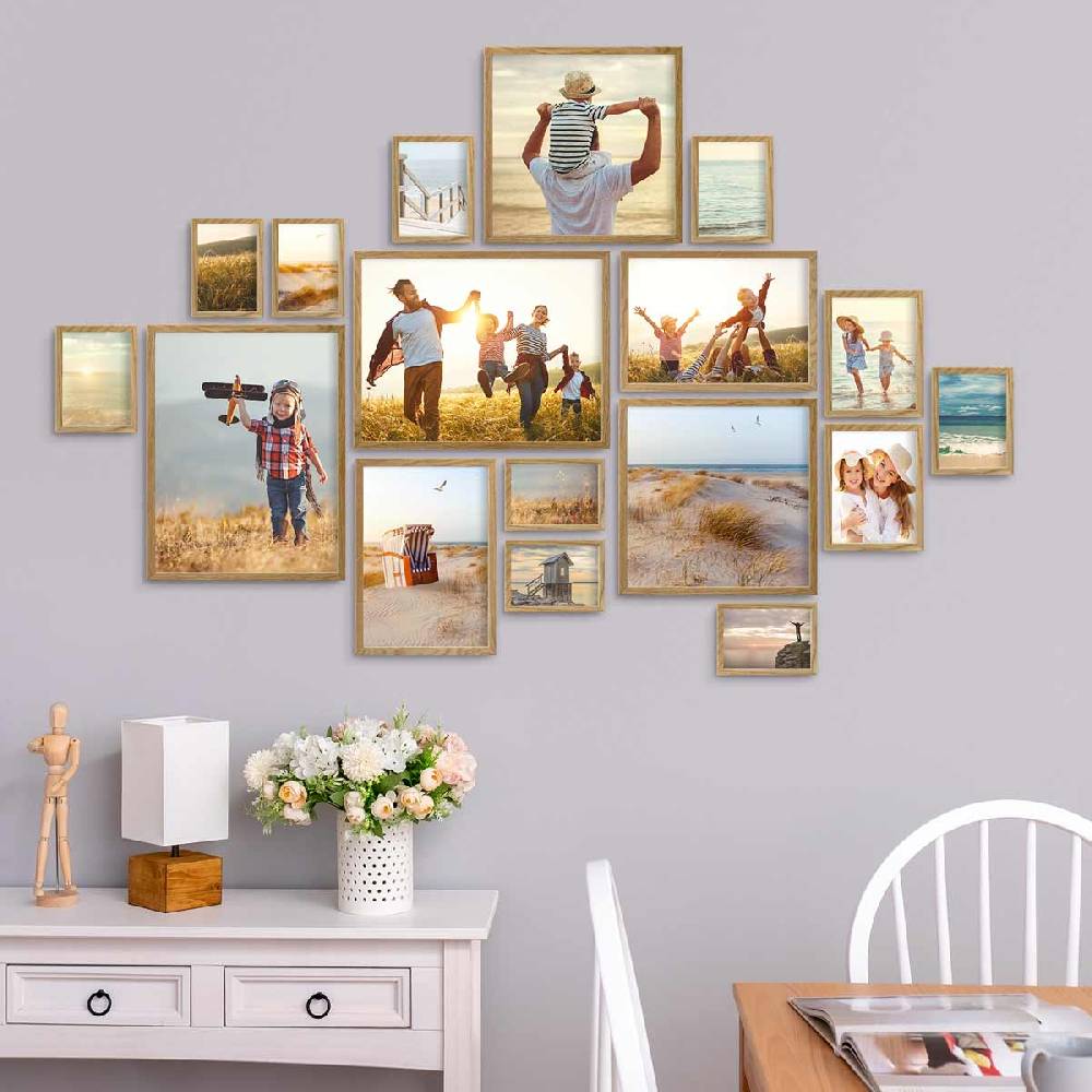 Photolini 17er Bilderrahmen-Set Eiche Massivholz Schmal 10x15 bis 30x40 cm mit Acrylglasscheibe Riesige Ersparnisse