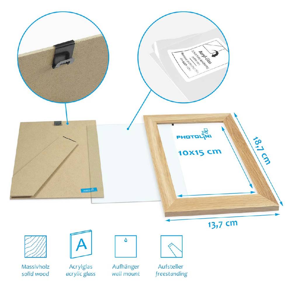 Photolini 10er Bilderrahmen-Set 10x15 cm Modern Eiche Massivholz Basic Collection | Acrylglas Super Sparpreis