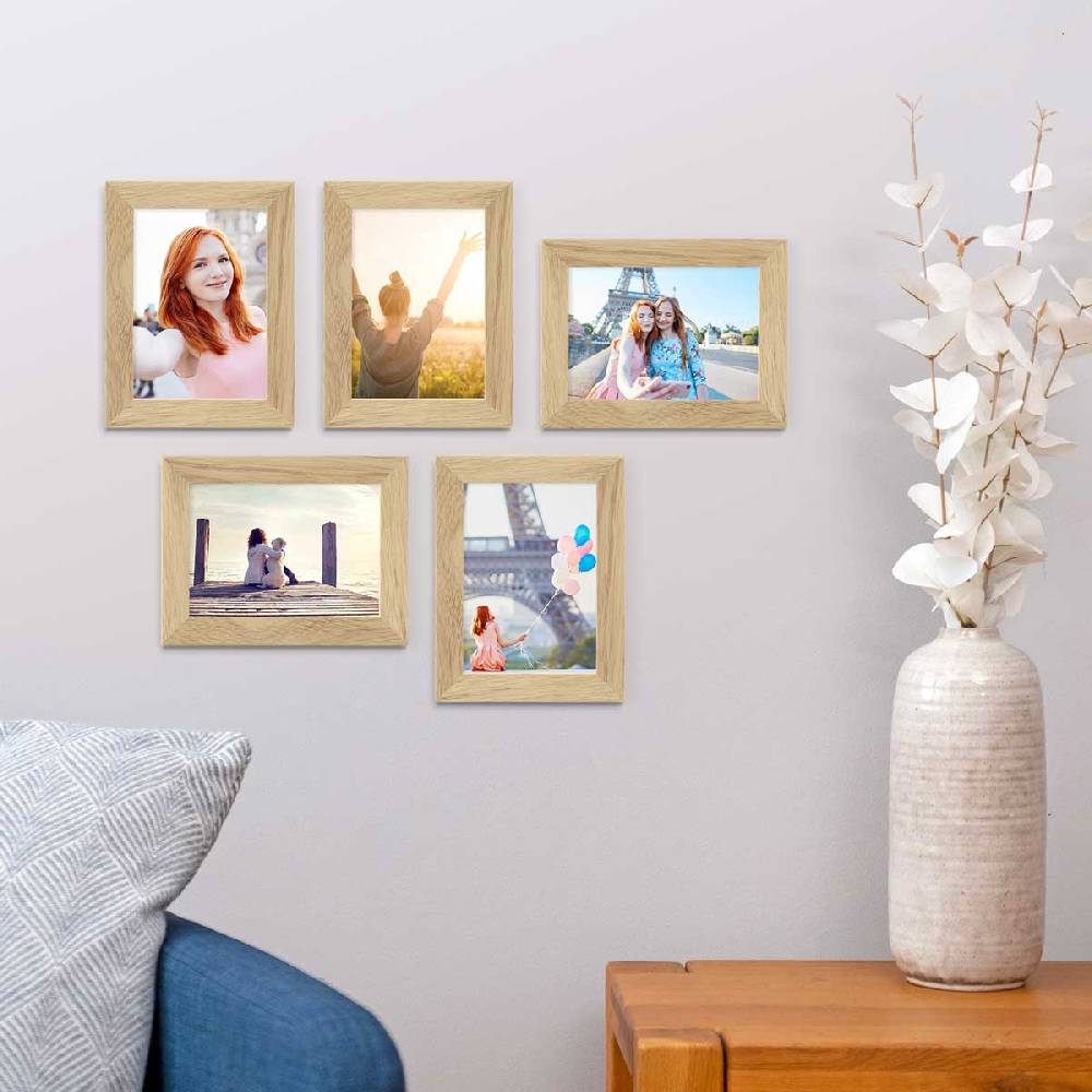 Photolini 10er Bilderrahmen-Set 10x15 cm Modern Eiche Massivholz Basic Collection | Acrylglas Super Sparpreis