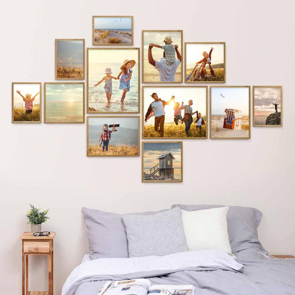 Photolini 12er Bilderrahmen-Set Eiche Massivholz Schmal 21x30 bis 40x50 cm mit Acrylglasscheibe Wochenangebot