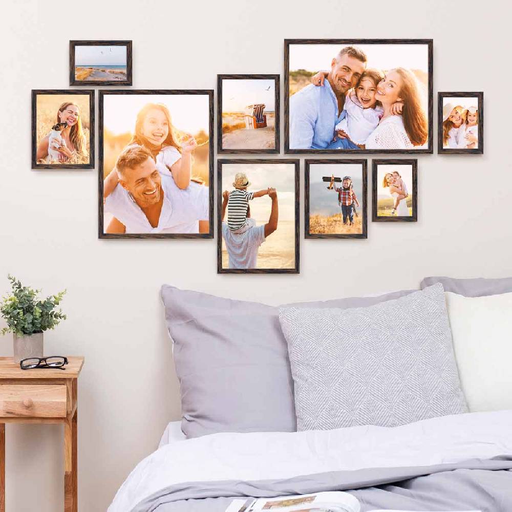 Photolini 9er Bilderrahmen-Set Eiche Dunkel aus MDF Kostenlose Rückgabe