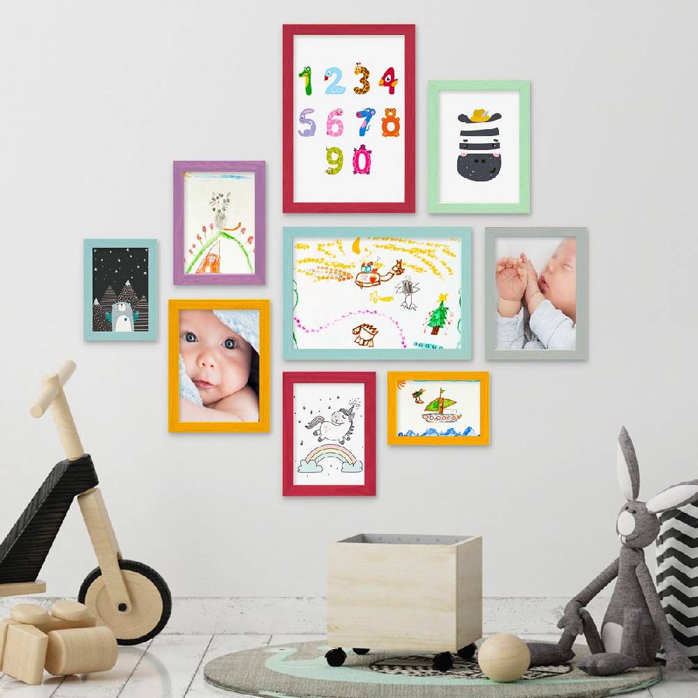 Photolini 9er Set Bilderrahmen Bunt Massivholz 10x15 bis 21x30 cm | Acrylglas Letzte 2 Tage