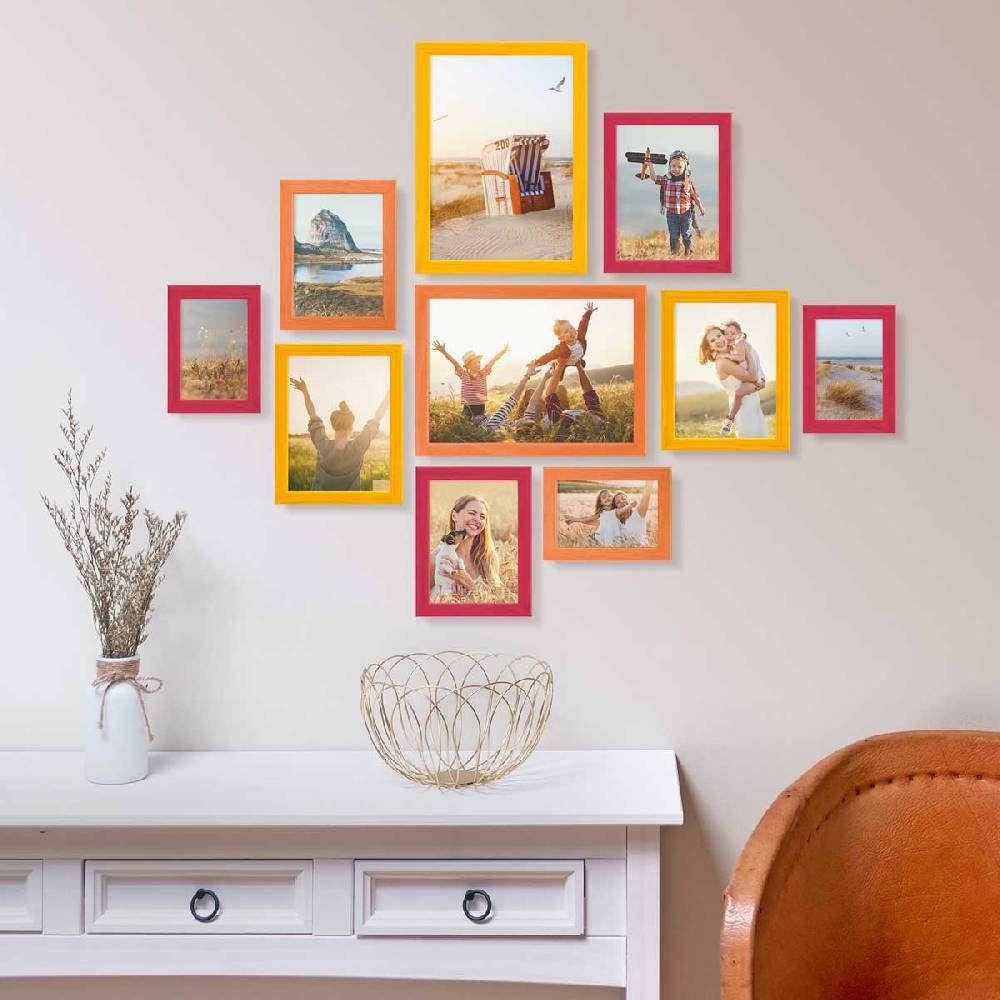 Photolini 10er Set Bilderrahmen Rot Gelb Orange Massivholz 10x15 bis 21x30 cm | Acrylglas Letzter Tag